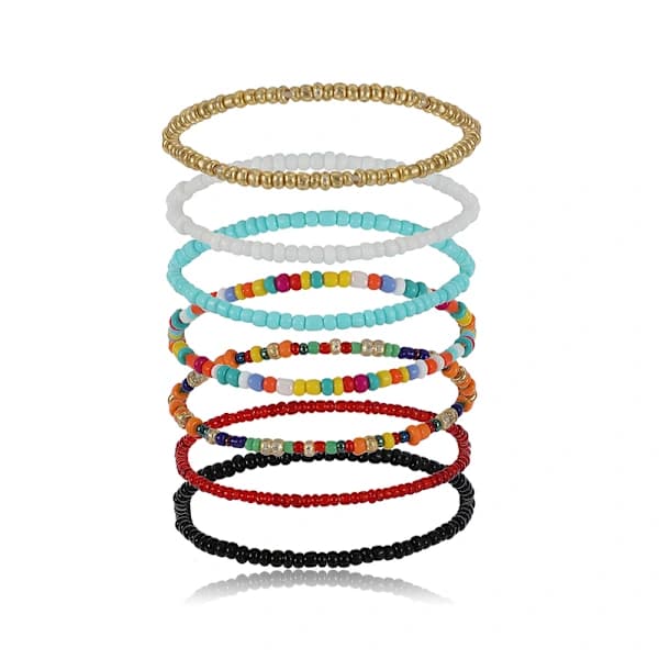 7 st färgglada små pärlor Bohemia armband elastiskt armband set one size