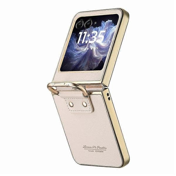 Compatible with Motorola Razr 60 Case Electroplating Leather Coated PC Phone Case with Spring Ring Buckle and Kickstand