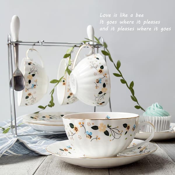 Blomsterbi Tekoppar och fat, Kaffe Benporslinsmugg 1 Set (1 Kopp och 1 fat)