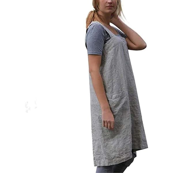 Grå kokkeforklæde, bomuldslinned haveforklæde med frontlomme, XL grå gray