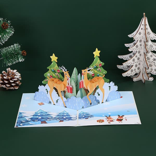 3D Christmas Card, Pop-up Christmas Card, Folded Three-dimensional Greeting Card (Double Christmas Deer)