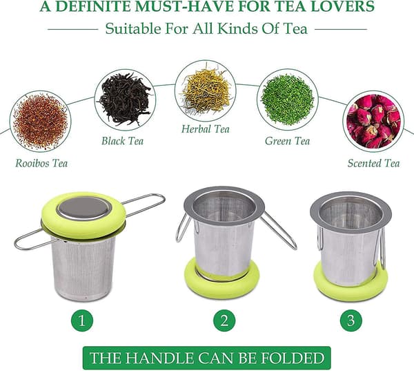 Fenshine Stainless Steel Tea Infuser - Tea Strainer, Foldable Handle, Extra Fine Mesh, Brewing Basket with Lid for Loose Leaf Tea (Green)