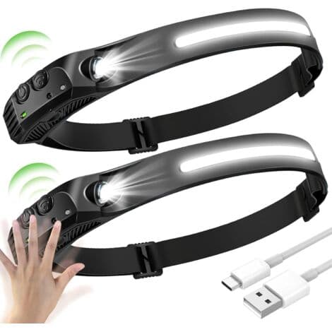 2 STK LED-hodelykt, COB+XPE LED-hodelykt med 5 moduser, LED-hodelykt med sensor, Vanntett USB-oppladbar LED-hodelykt, LED-hodelykt (FMY)