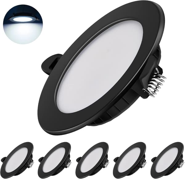 Ultratanke LED indbyggede spots 230V, Sæt med 6 indbyggede spots 7W Energibesparende loftspots IP44 indbyggede spots, Sort, 6000K