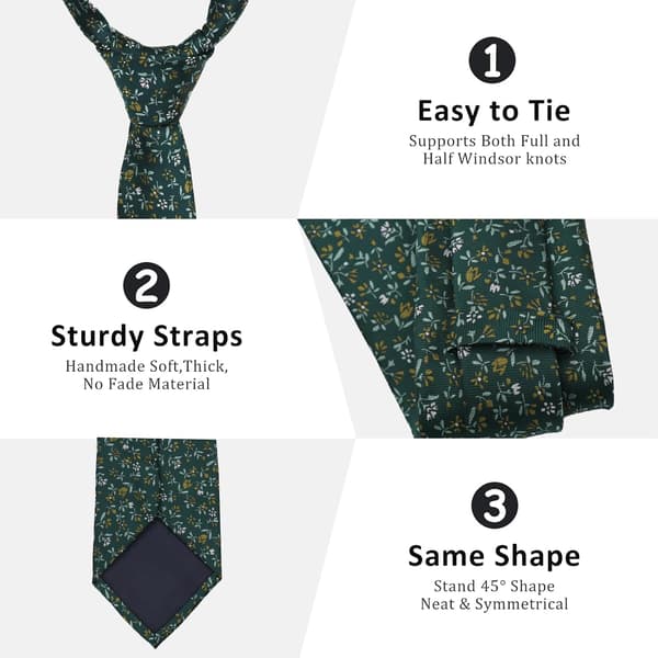 Blomstrede slips til mænd lommetørklæde manchetknapper sæt, brudgommens slips polyester slips bryllup uformel gallafest mørkegrøn - Dark Green