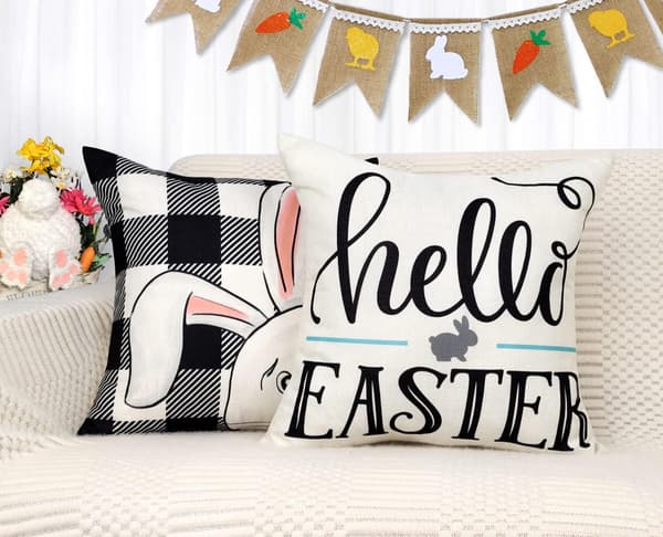 Easter Pillow Covers 45x45 cm Set of 4 Easter Decorations for Spring Farmhouse Pillows Easter Decorative Throw Pillows Buffalo Plaid Bunny Egg Throw Pillow