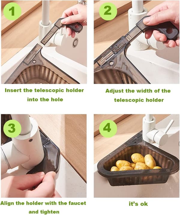 Sink Drain Basket with Strainer, Triangular Sink Drain Basket, Sink Food Drain Basket with Retractable Clips (Black)