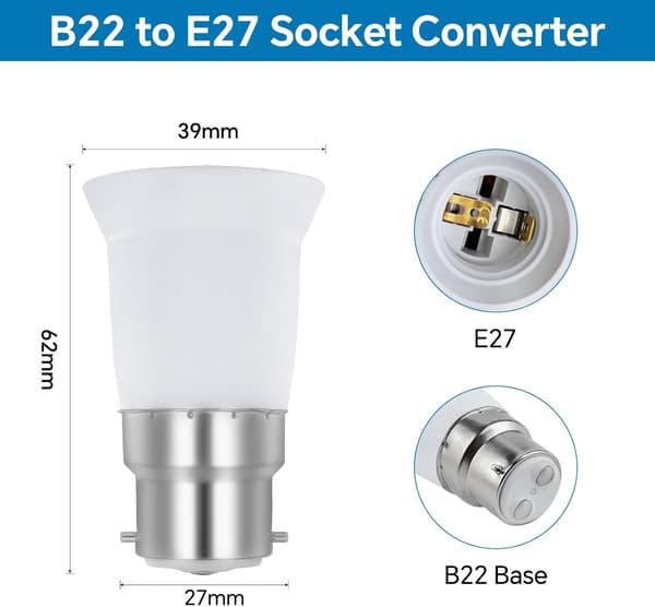 B22 to E27 Adapter Socket for LED Bulb, AC 230V, Conversion Adapters to go from B22 to E27, Screw-in Bayonet Socket, Set of 4