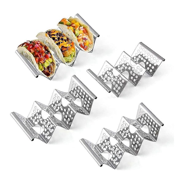 Tacostativ, 4-pak rustfrit stål stativ med håndtag, tacobakke rummer op til 3 tacos, tacostativ