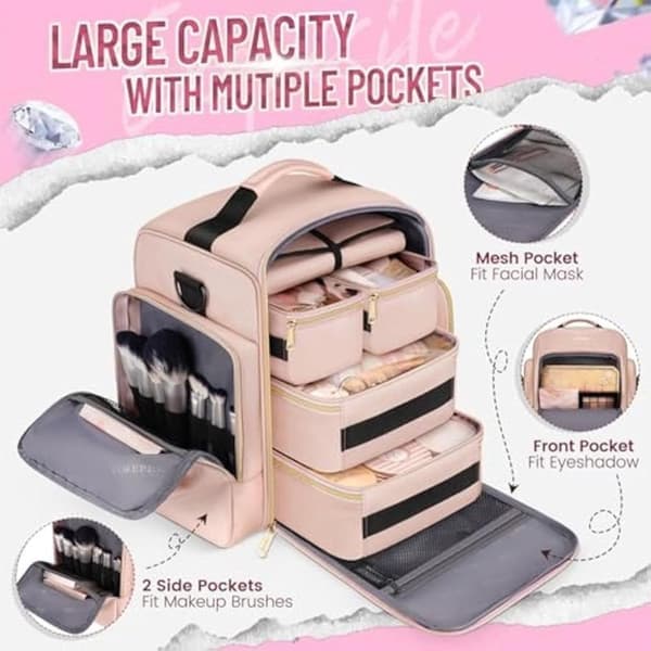 Multifunksjonell Reisetoalettmappe - Kosmetikkveske med 4 Avtakbare Innerlommer - Rosa