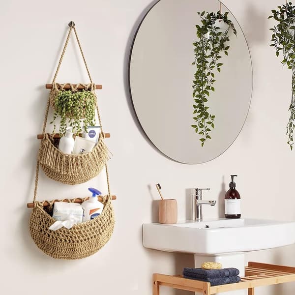3-Tier Hanging Fruit and Vegetable Basket - Detachable Wall Net - Hand-Woven Jute Basket - Multifunctional Kitchen Rack