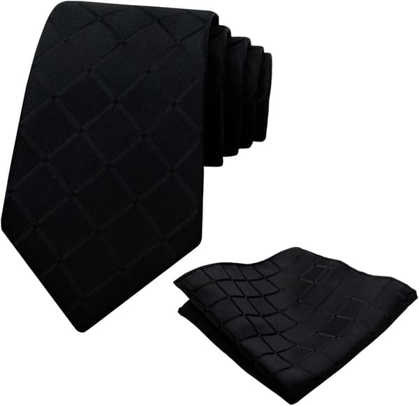Herrslips med näsdukar, 3,15'' affärskontrollerade slipsar för män i polyester, sidenslips, fickrutor, set 01-svart - 01-black