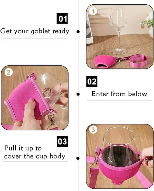 4 stk Vin Glasholdere til Halsen - Roserød med Halskæde til Jul