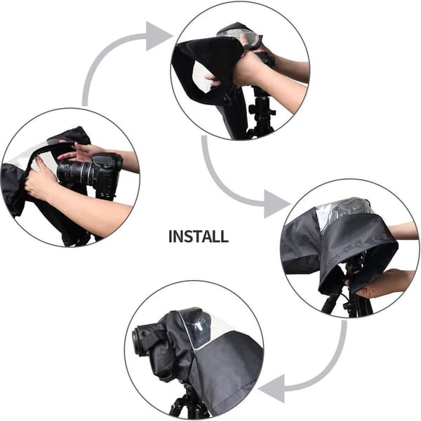 Waterproof Camera Rain Cover, Soft, with Drawstring and Sleeves, Nylon, Black, for Photography