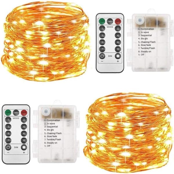 Batteridrevne lyslenker, 10 meter 100 LED-lyslenker, fjernkontroll med timer, 8 moduser, 10 varmhvite