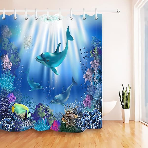 Undervandsverden med delfiner og planter, badeforhæng med kroge, 180cm x 180cm