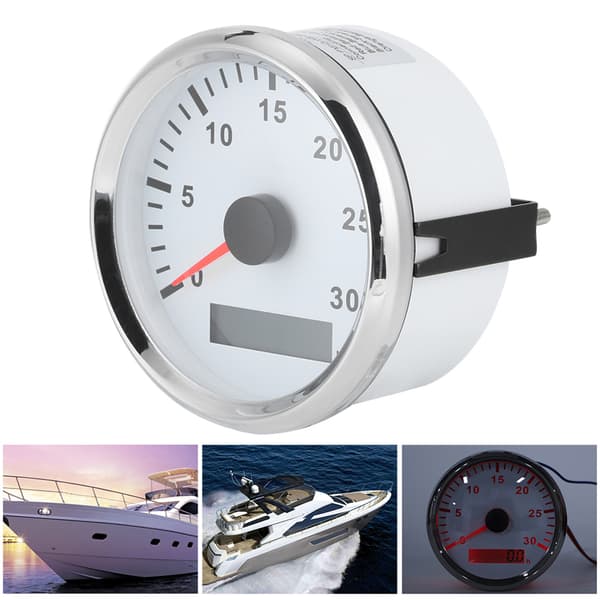 85mm / 3.3in Boat Tachometer Sensor IP67 Tacho Gauge 12V / 24V Red Light with LCD Display Service Hour Meter 3000 RPM Silver Frame White Dial