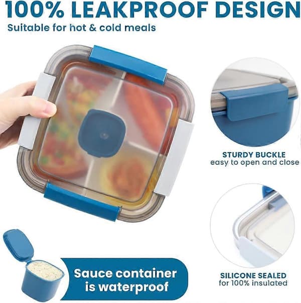 Lunch Box 1500ml, Bento Box Salad Container with 3 Compartments and Sauce Box, With Dressing Container, Lunch Box for Microwaves and Dishwashers, Blue