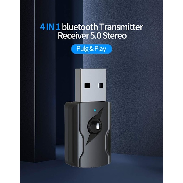 USB Bluetooth 5.0 -sovitin, USB Bluetooth -äänilähetin 5.0 -vastaanotin Bluetooth-sovitin 3,5 mm:n äänikaapelilla PC:lle/TV:lle/autolle/kaiuttimille/MP3:lle/kuulokkeille
