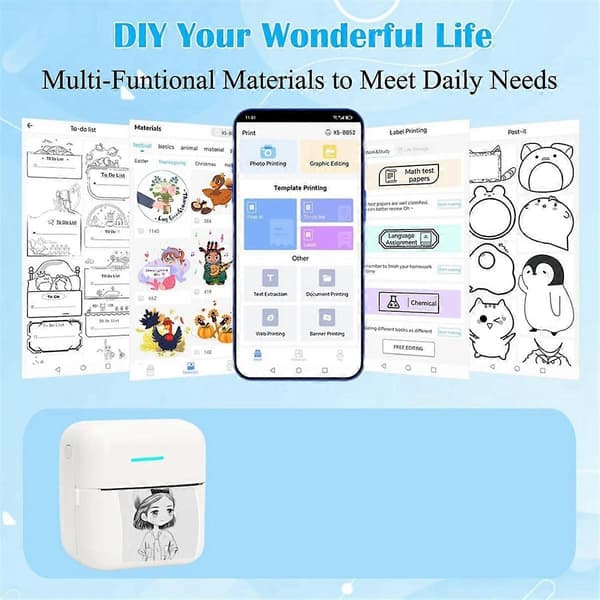 Mini Portable Printer, Inkless Sticker Printer with 12 Rolls of Paper, Mini Thermal Printer for Notes/Photos/Stickers, White