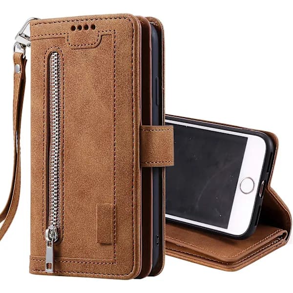 Wallet Case for iPhone SE 2022 5G/iPhone 7/iPhone 8/iPhone SE 2020, 9 Card Slots Zipper Handbag Case PU Leather Case - Brown