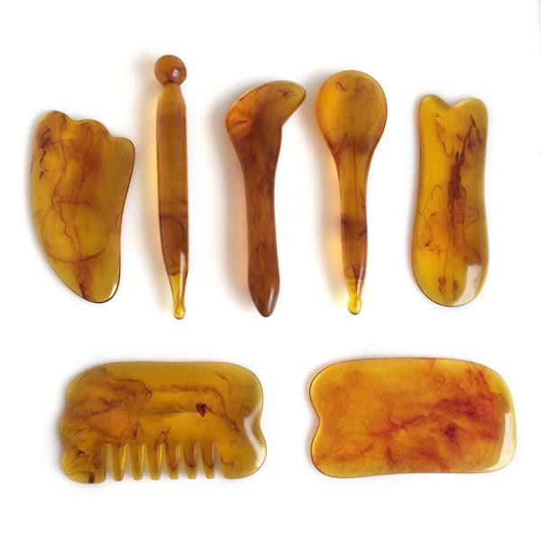7 stk Naturlig Harpiks Rav Massage Skrabning til Ansigt Nakke Gua Sha Skrabe Terapi