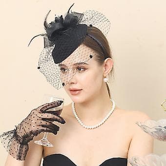2 stk. cocktailpartyhat til kvinder og netmaskehandsker, fjerhat og anti-UV-handsker