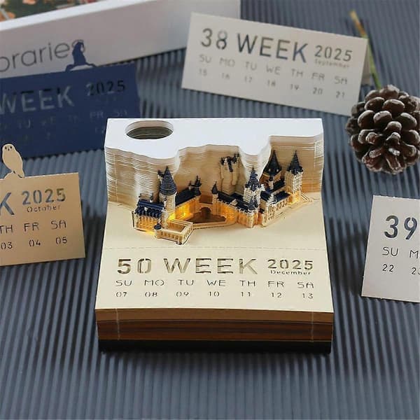 Tidstycke Kalender, 2025 Skrivebordskalender Memoblok, 3D Magic Castle Tidstycke Notesblok med Lys