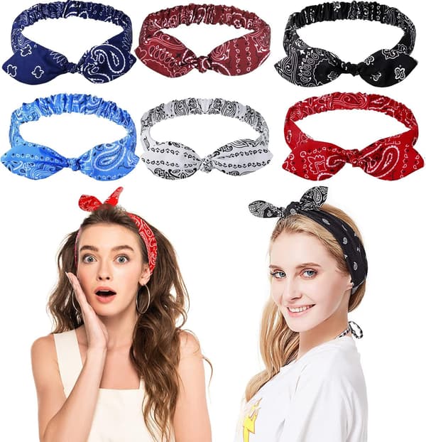 6 stk. pannebånd med bohemsk knute, bandana boho sløyfe