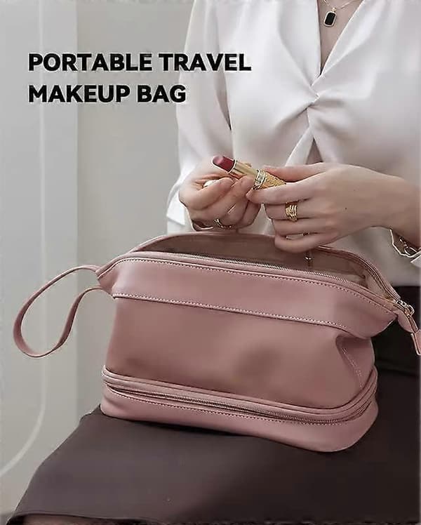 Stor makeuptaske til kvinder, bærbar rejse-makeuptaske, multifunktionel makeuptaske med dobbelt design, lavet af højkvalitets læder, pink