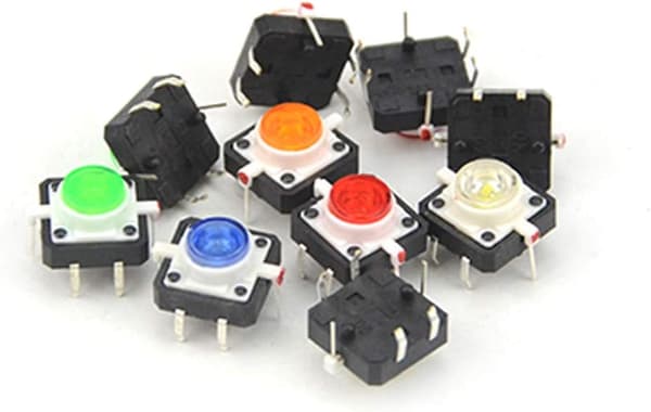 10 stk. LED-trykknapper med taktil feedback, 12 mm x 12 mm x 7,3 mm, rød, hvid, gul, blå, grøn