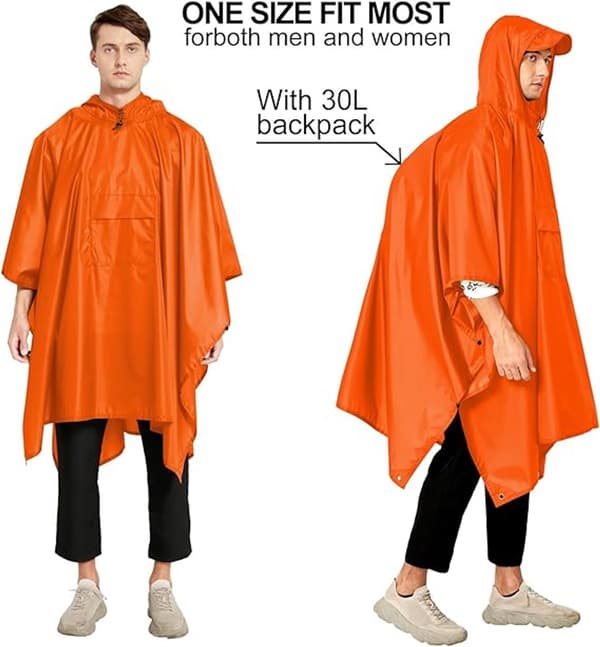 Regnrock - Poncho - lättvikt - med huva - för vandring, camping, utomhus - orange