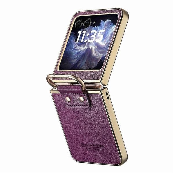 Compatible with Motorola Razr 60 Case Electroplating Leather Coated PC Phone Case with Spring Ring Buckle and Kickstand