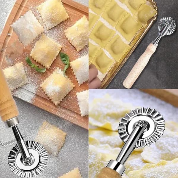 Cutting Wheel, Grooved Edge Roller Dough Cutting Wheel, Long Wooden Pasta Making Accessories, Biscuit Baking Tool