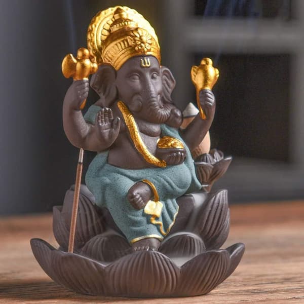 Keramisk røkelsesbrenner med Ganesh-elefant, røkelsesholder, Ganesh-statue, elefantbuddhafigur, grønn