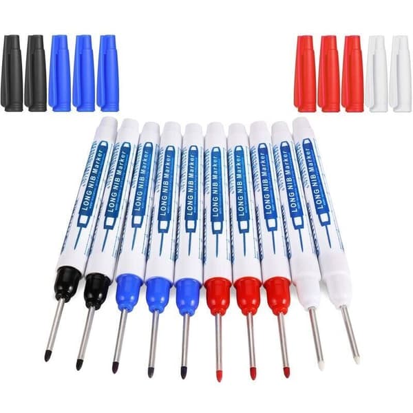 Deep Hole Markers, 10pcs Carpenter Markers, 30mm Long Nib Permanent Marker Pen, Precision Construction Marker (Black Blue Red White)..DEBUNS