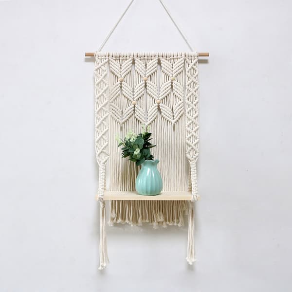 Vægmonteret træhylde, macramé, boheme dekoration, planter, kvaster, håndvævet
