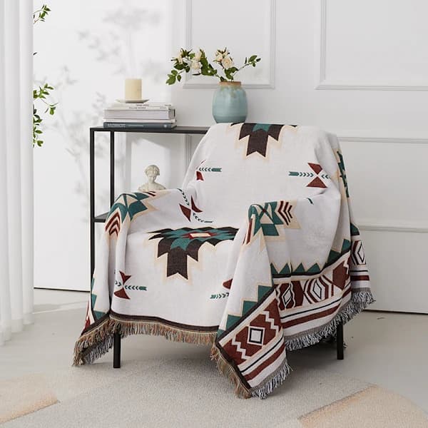 Sommerteppe boho bomull, koselig vendbart teppe, beige