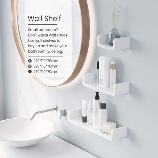 Floating Wall Shelf with Strong Self-Adhesive Mounting, Minimalist HIPS Storage Shelf for Bathroom Kitchen Office Bedroom, White 13 Inch