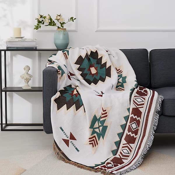 Sommerteppe boho bomull, koselig vendbart teppe, beige