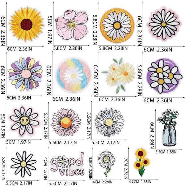 16 broderede blomsterlapper, strygelapper, applikationer