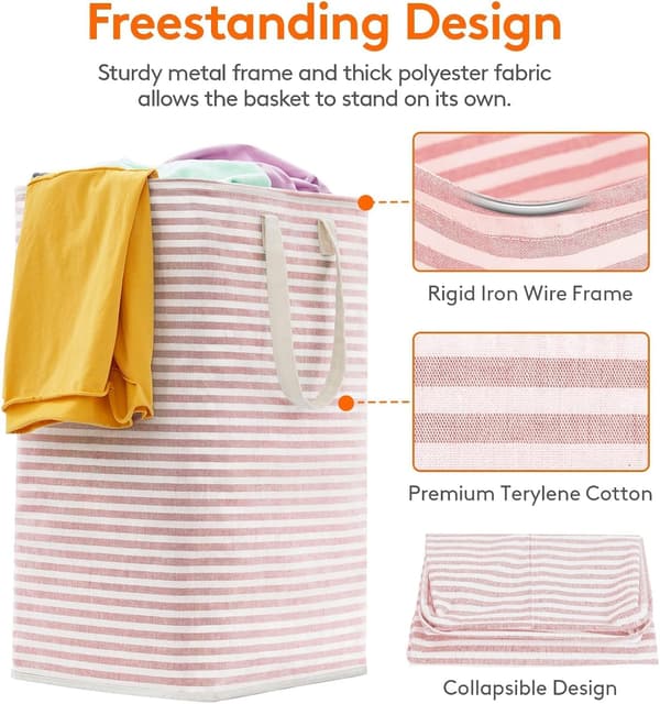 75L Foldable Laundry Hamper, Dirty Clothes Basket with Extended Handles - Pink