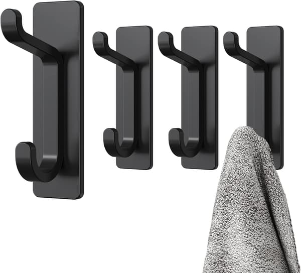 Selvklæbende vægkrog, håndklædeholder til badeværelse, håndklædeholder til køkken, sort, 4 stykker 2,2*8CM