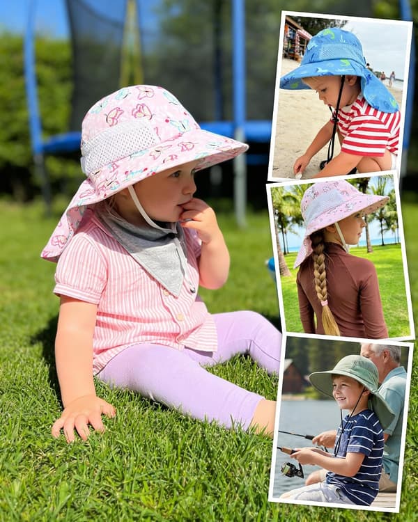 Solhatt for barn UPF 50+ med bred brem og nakkeklaff for gutter jenter småbarn rosa sommerfugl 2-7 år 2-7 Years Pink Butterfly