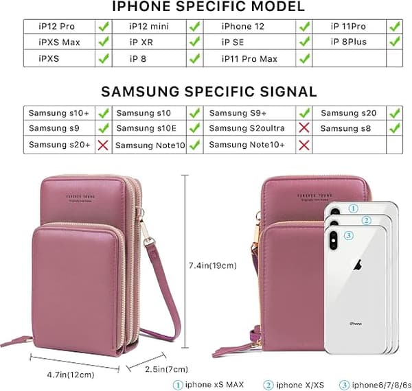Lille crossbody-taske til kvinder, mobiltelefonpung med touch S