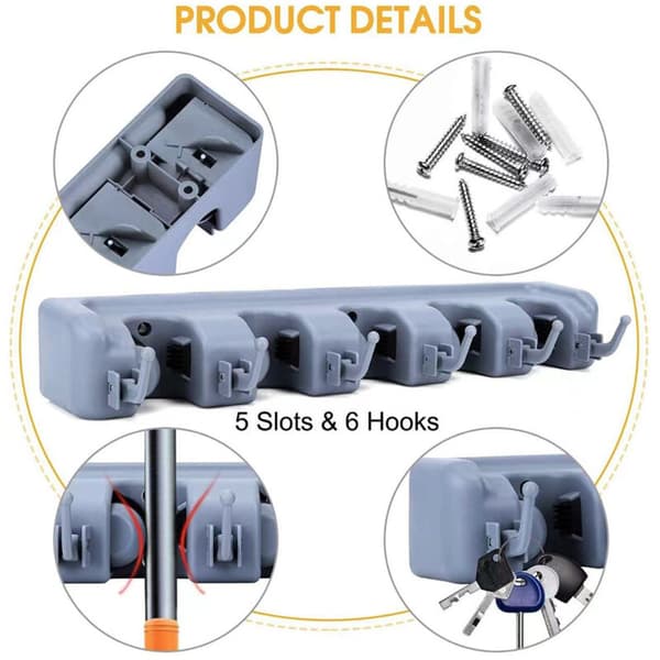 Wall Mounted Holder for Brooms and Garden Tools, Cleaning Supplies Organizer, 6 Hooks and 5 Slots, Grey