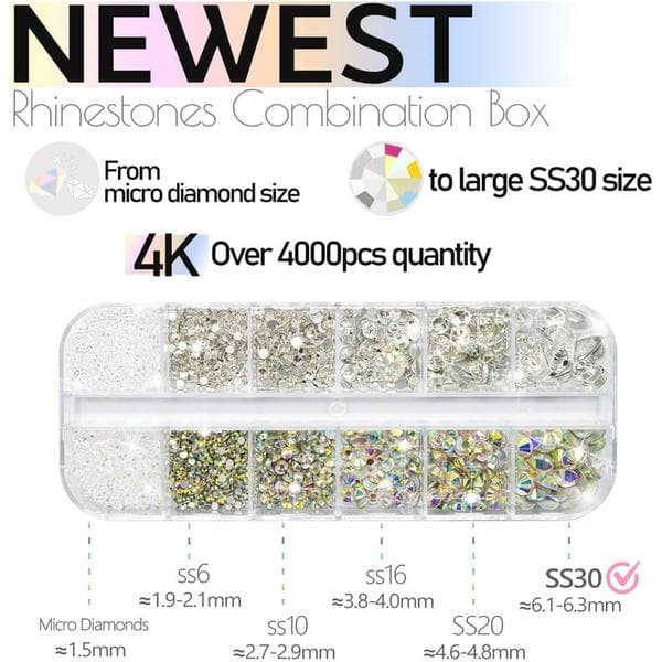 4010 stk. Crystal AB Glittersten Strass Negle, 6 størrelser (1,6-6 mm) til SS30 K9 Glas