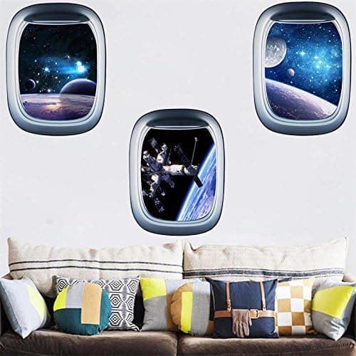 Set med 3 3D-astronautfönster-väggdekaler 58 x 43 cm