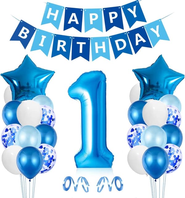1-årsdag ballong gutt, 1-årsdag dekorasjoner blå, Num