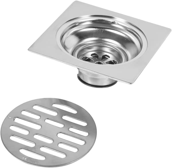 Tykt gulvsluk i rustfritt stål, luktfritt, firkantet, 100 x 100 mm